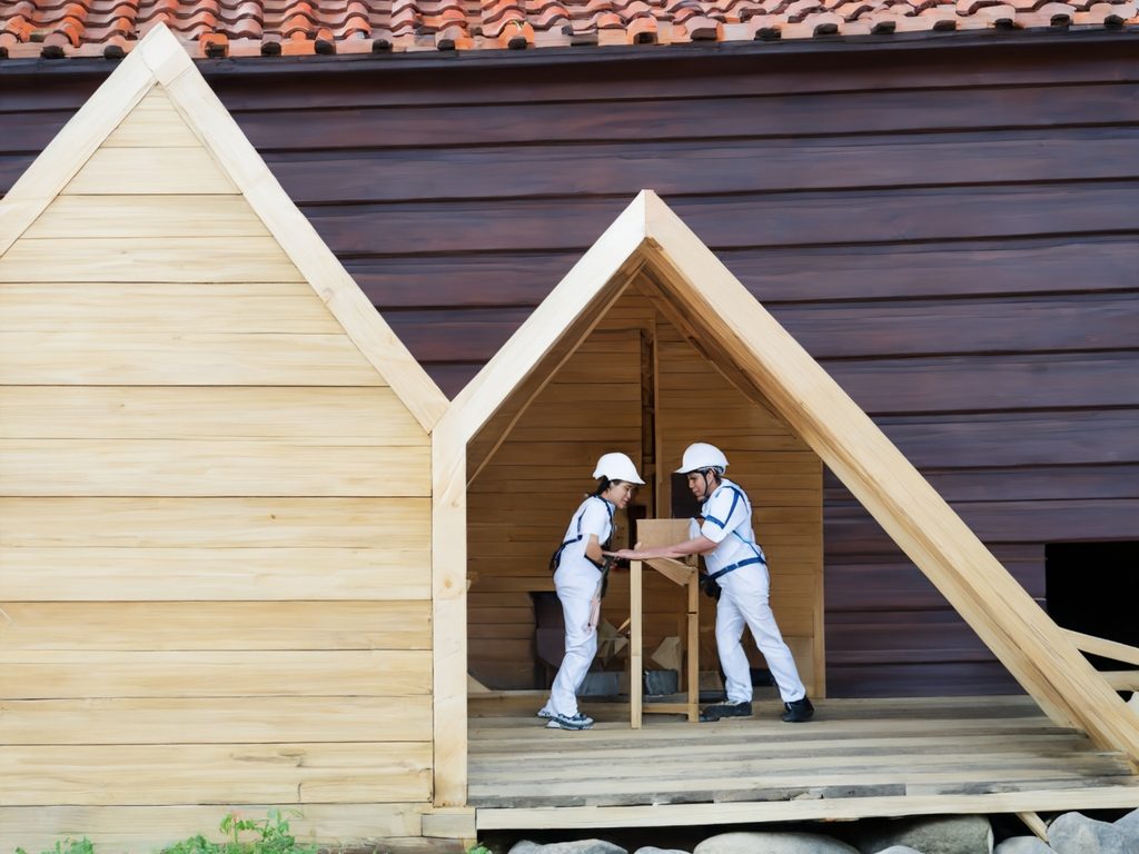 Bauarbeiter im Holzbau KI-generiertes Bild: zwei Bauarbeiter im Holzbau